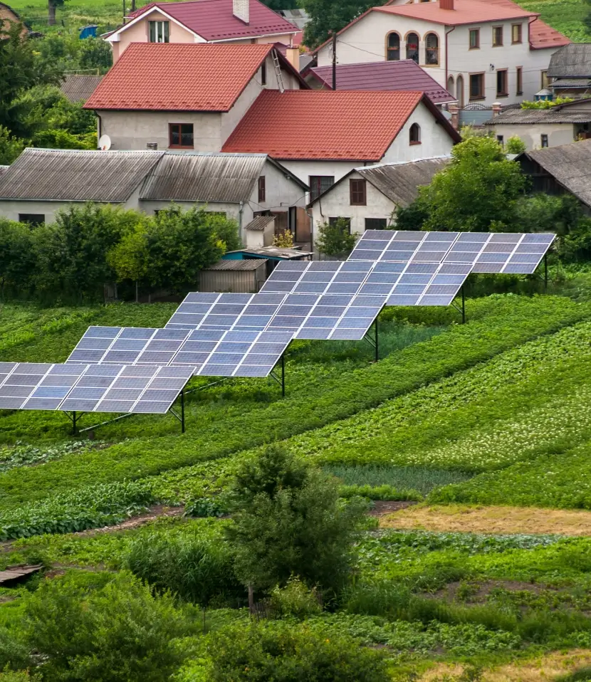 Carbon-neutral village showcasing renewable energy infrastructure and sustainable housing